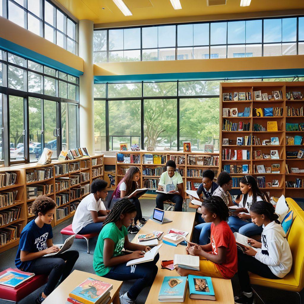 A group of diverse, energetic teens in a modern library or community center, excitedly engaging with books, laptops, and each other. Inspirational posters on the walls, shelves brimming with colorful resources, and sunlight streaming in through large windows to symbolize hope and empowerment. super-realistic. vibrant colors.