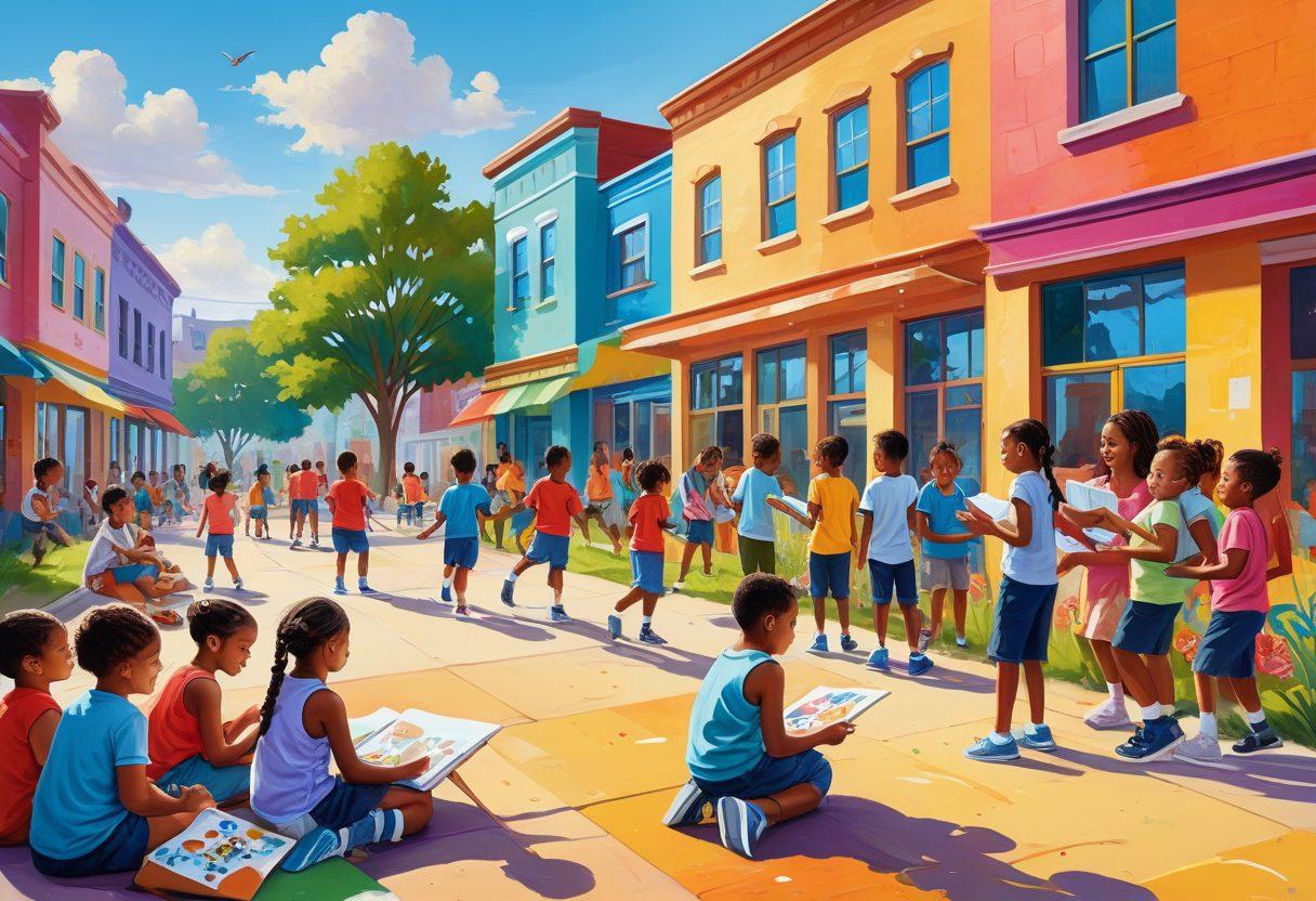 A bustling community space filled with diverse, joyful children engaged in various educational and playful activities, such as reading books in a cozy corner, painting a mural together, and playing games. The background features bright, inviting colors with outdoor elements like trees and playgrounds. Vibrant, uplifting mood with dynamic interactions. painting style. vibrant colors.