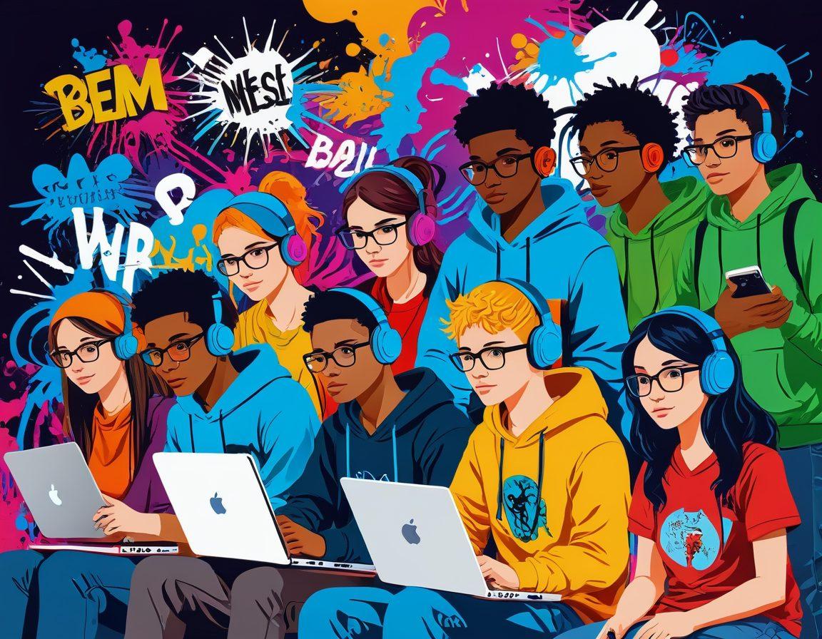 A vibrant and bustling online hub designed for teenagers, featuring diverse avatars representing various youth cultures engaging enthusiastically in activities like reading, coding, and discussing in a lively forum. The background should showcase colorful graffiti-style art with inspirational quotes. Include elements like books, laptops, and smartphones to emphasize the resources. vector art. vibrant colors.
